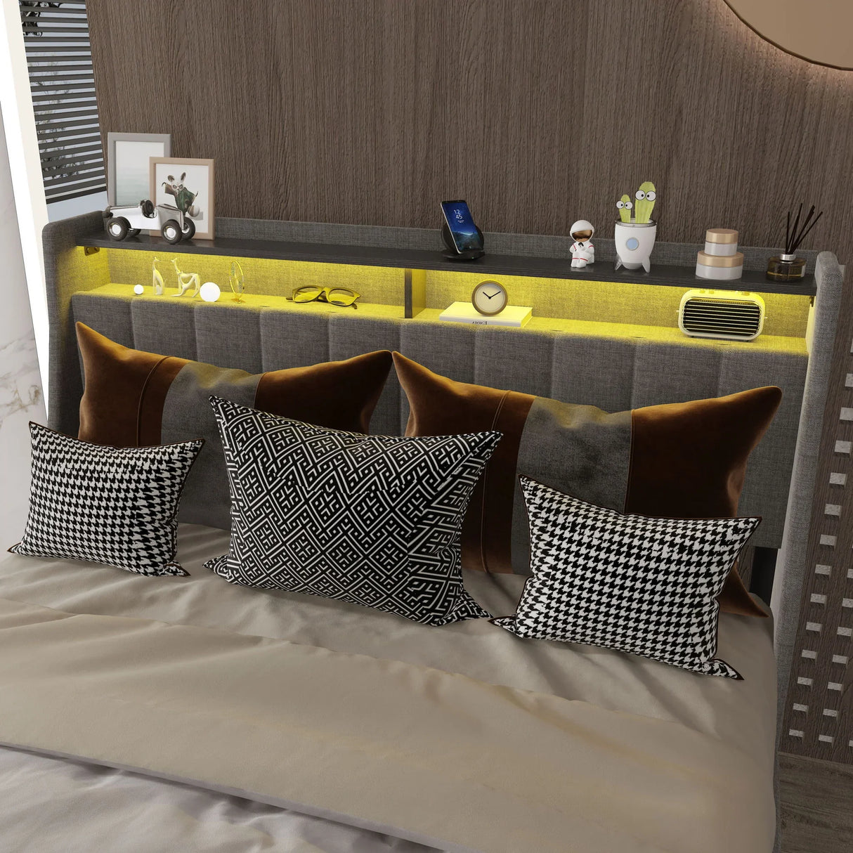 Bed With LED Lights, 4 Drawers, Winged Headboard Upholstered - Furniture Home Direct
