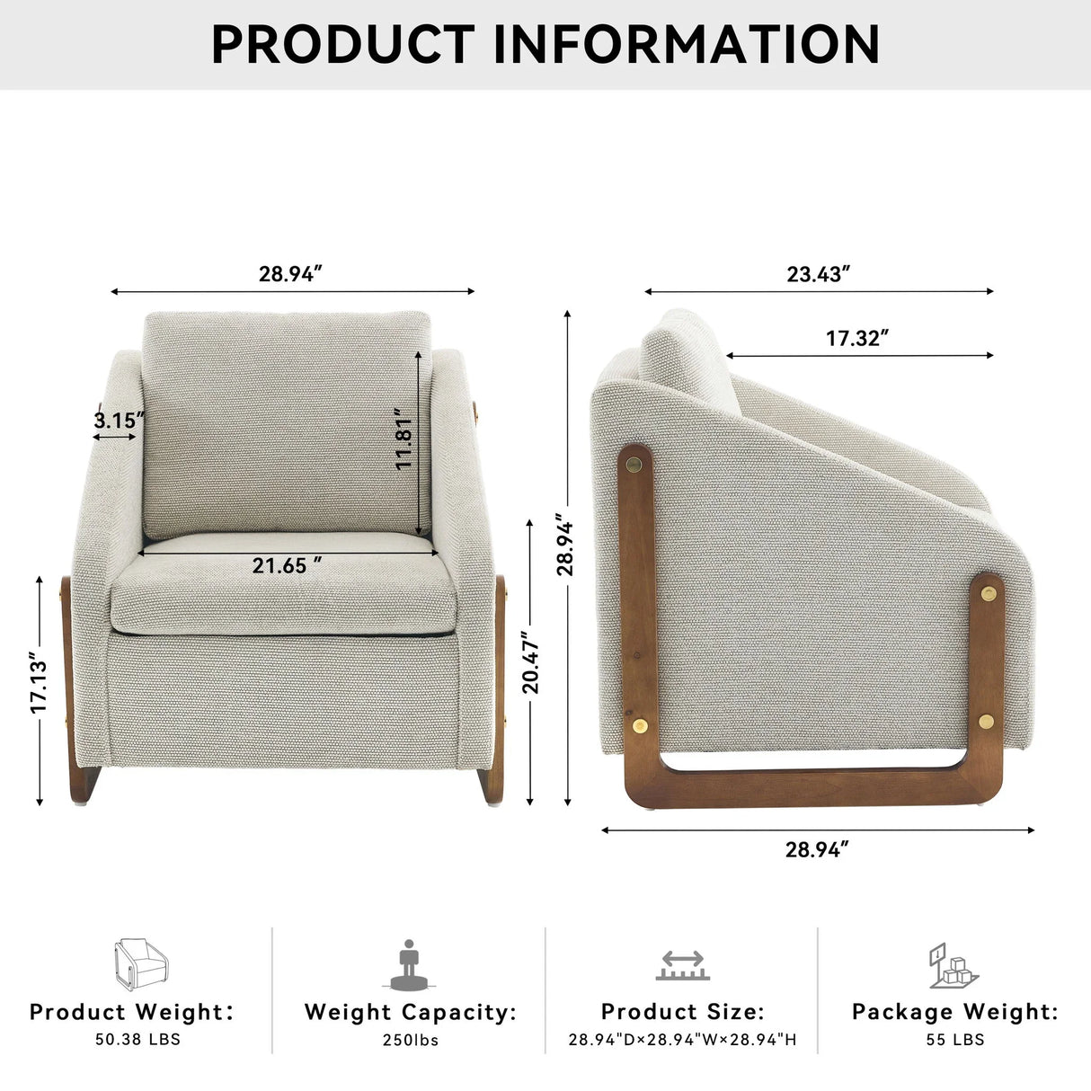 Modern Chenille Upholstered Armchair With Wooden Side Frame - Furniture Home Direct