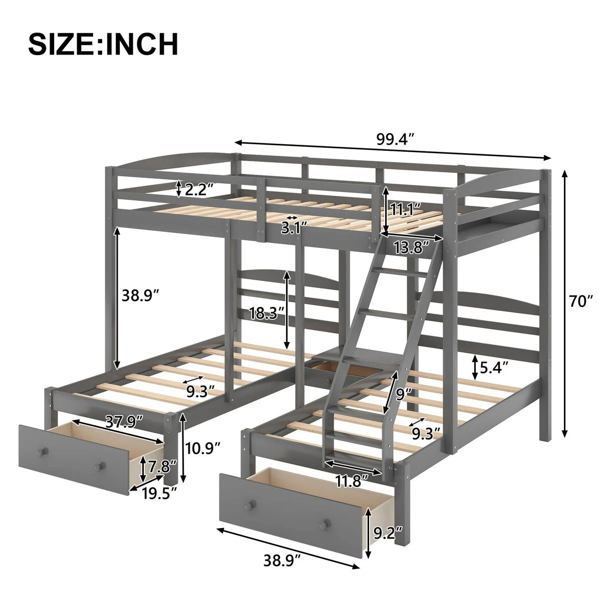 Full Over Twin & Twin Bunk Bed, Triple Bunk Bed With Drawers - Gray - Furniture Home Direct