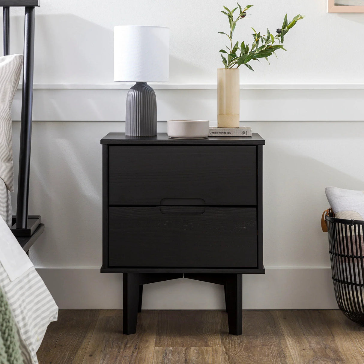 Mid-Century Modern 2 Drawer Solid Wood Nighstand With Cutout Handles - Furniture Home Direct