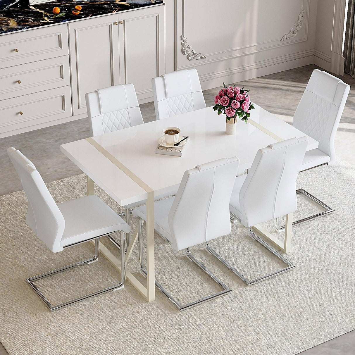 Dining Set with 7 Piece Table and Chairs Modern White - Furniture Home Direct