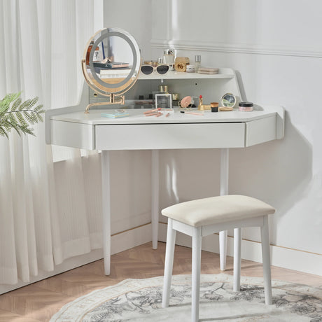 Vanity Desk With Large Storage Modern Design Stool White - Furniture Home Direct
