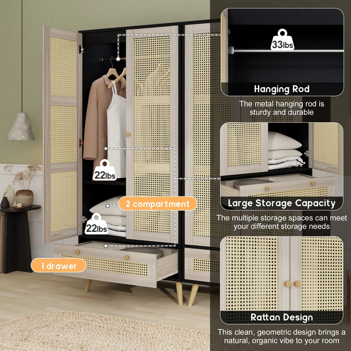 Wardrobe With 2 Rattan Doors And Drawer Natural Black - Furniture Home Direct
