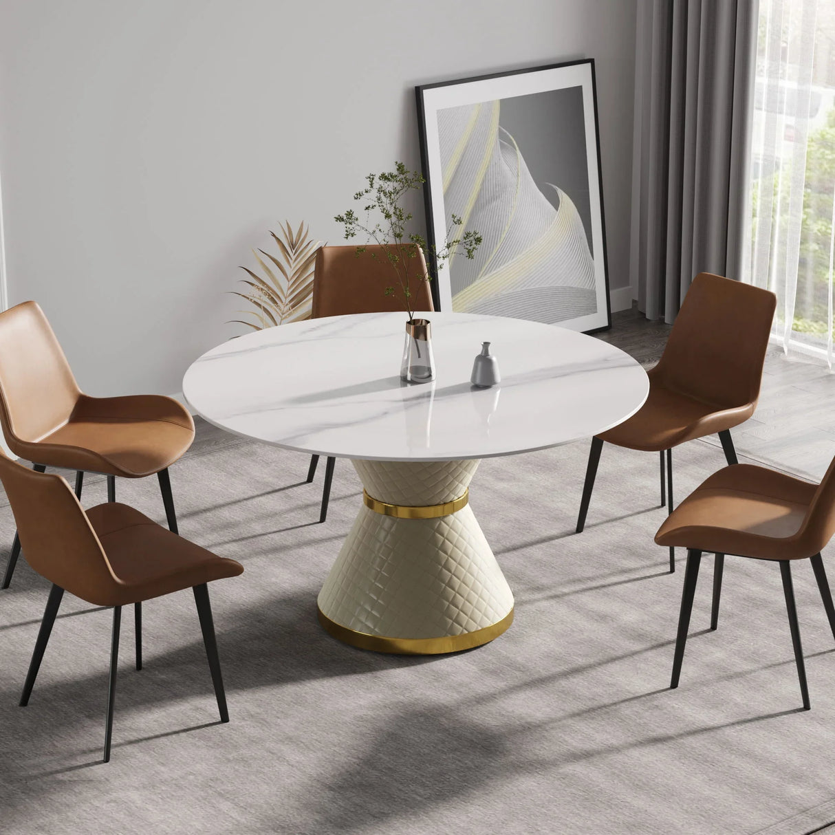 Modern Artificial Stone Round Carbon Steel Base Dining Table, Can Accommodate 6 People - Furniture Home Direct