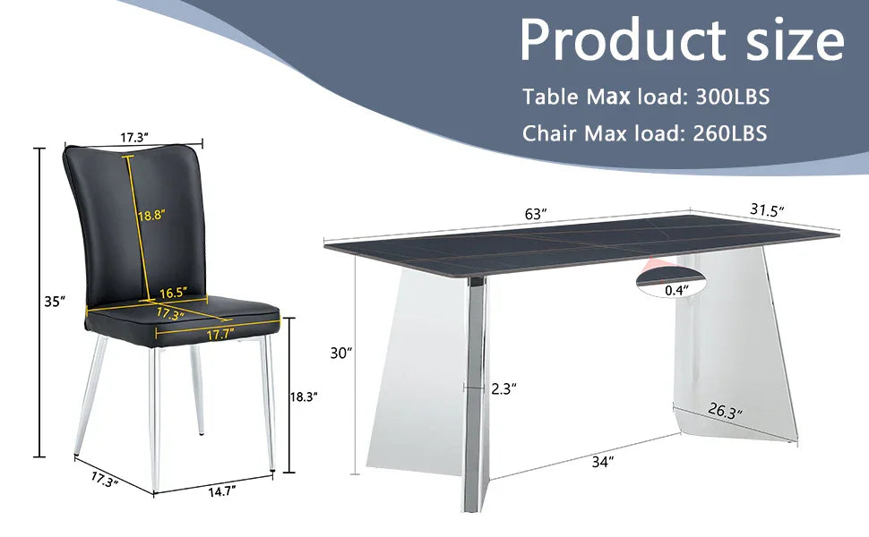 Dining Set Faux Marble Table With Black Chairs Silver - Furniture Home Direct