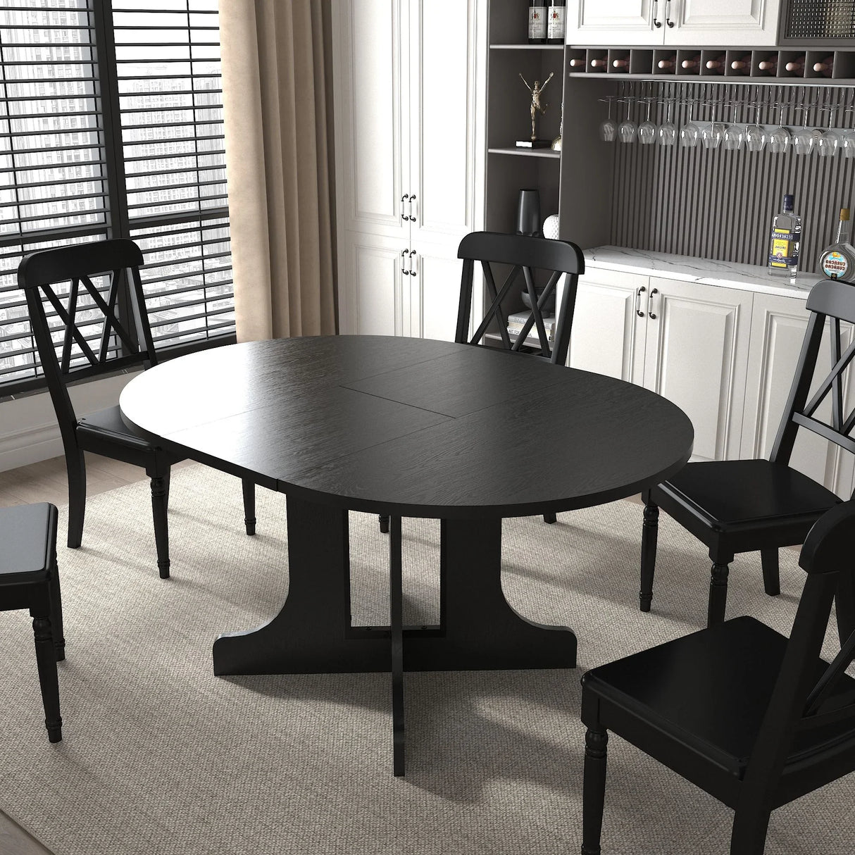 Dining Table For Farmhouse Kitchen Expandable Oval Table Top With Removable Leaf Trestle X Shaped Base - Black - Furniture Home Direct
