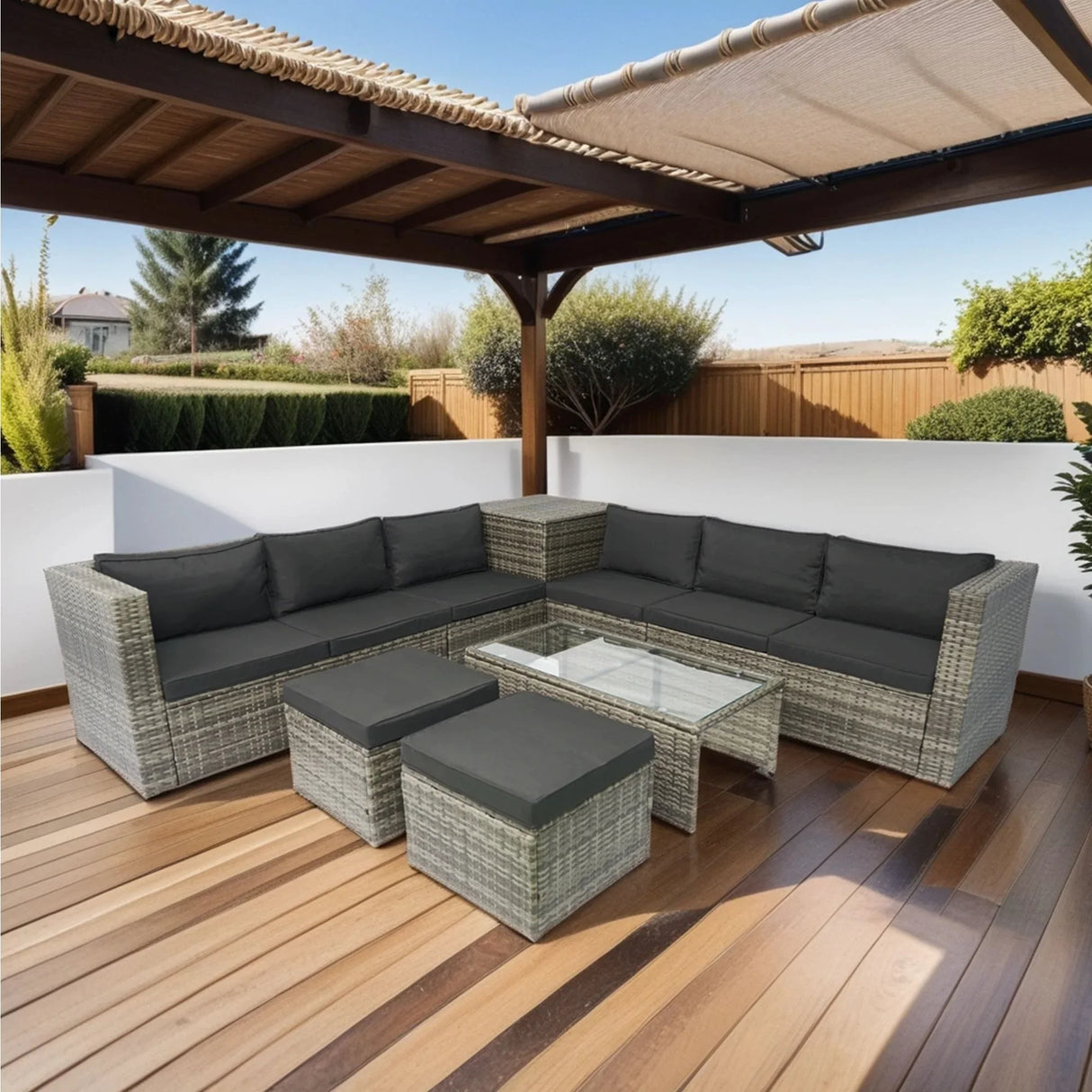 8 Piece Patio Sectional Wicker Rattan Outdoor Furniture Sof Set With One Storage Box Under Seat And Cushion Box - Gray / Black - Furniture Home Direct