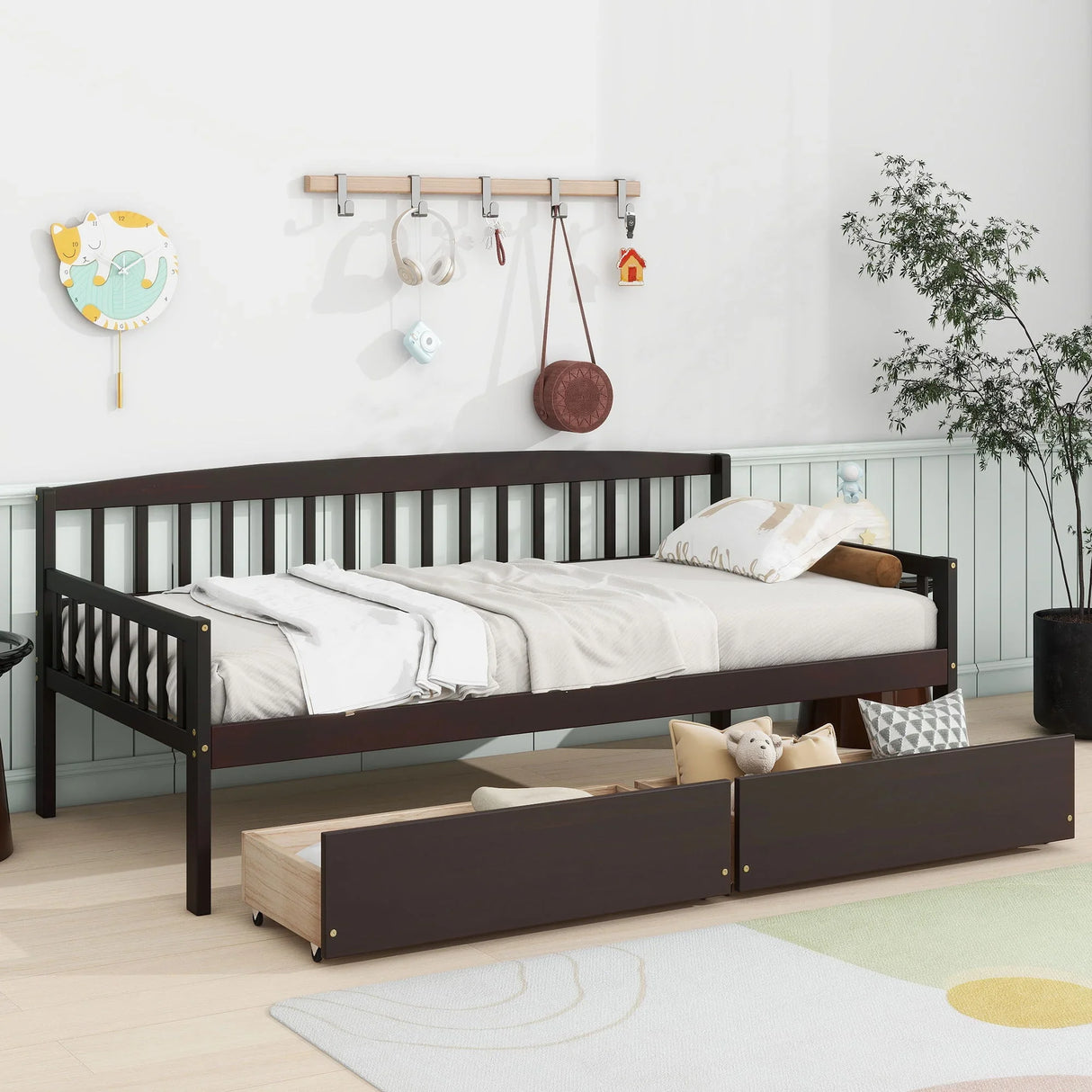 Pine Wood Daybed With Two Storage Drawers, Sofa Bed With Bed Platform Of 10 Support Slats - Furniture Home Direct