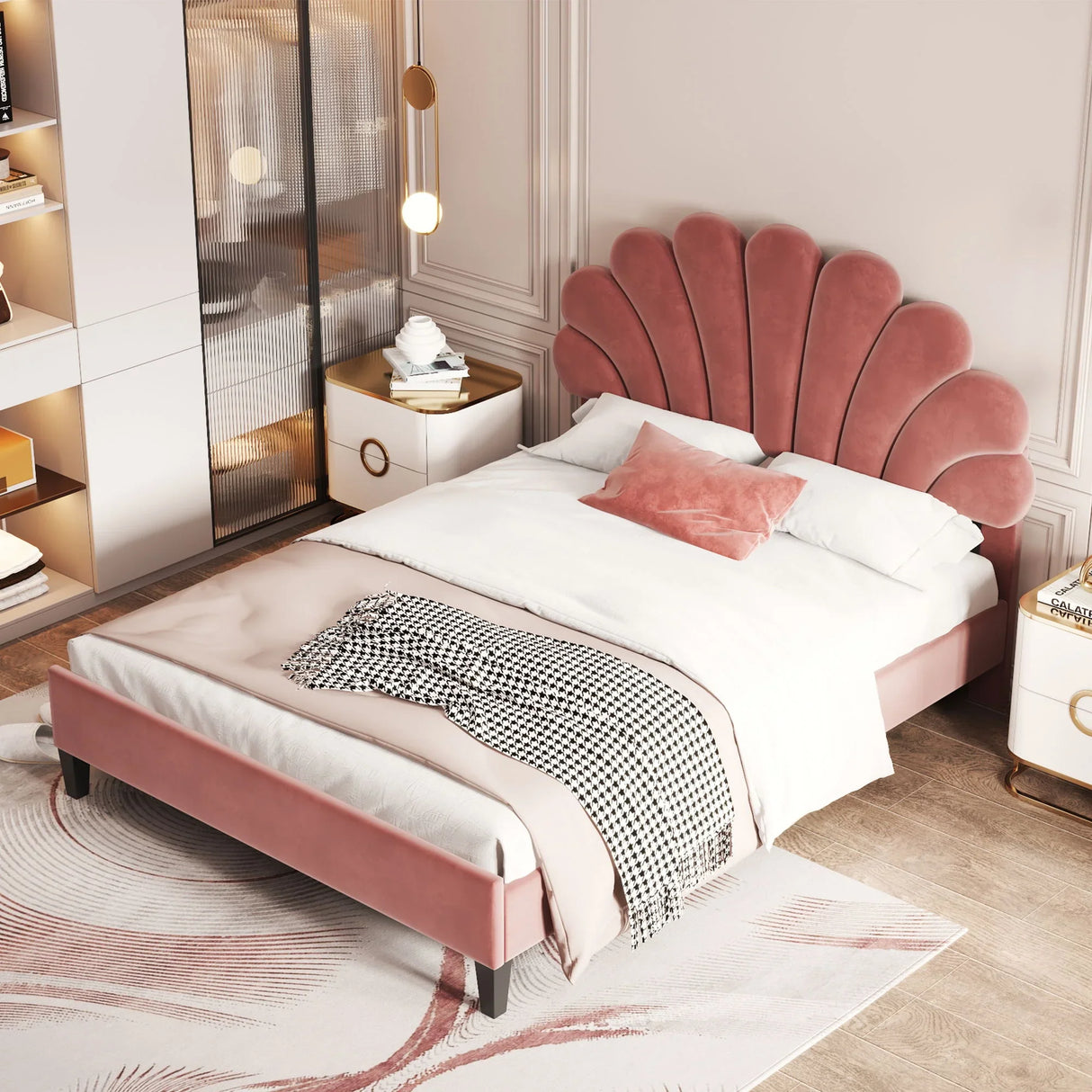 Upholstered Platform Bed With Flower Pattern Velvet Headboard - Furniture Home Direct