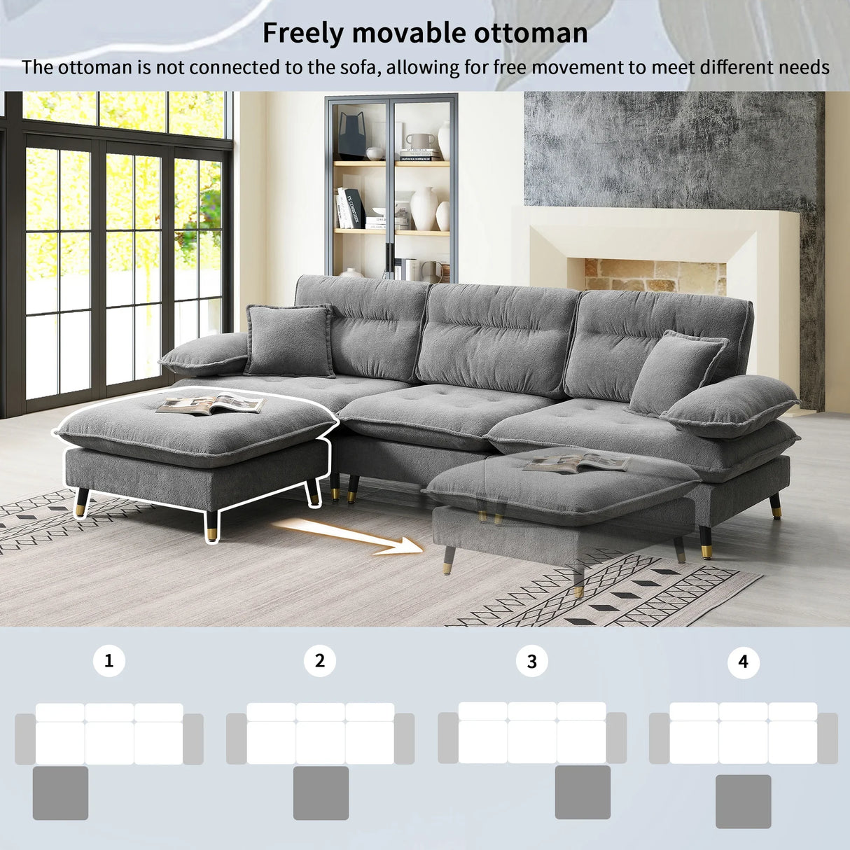 Sectional Sofa Cloud Chenille L Shape With Ottoman Gray - Furniture Home Direct