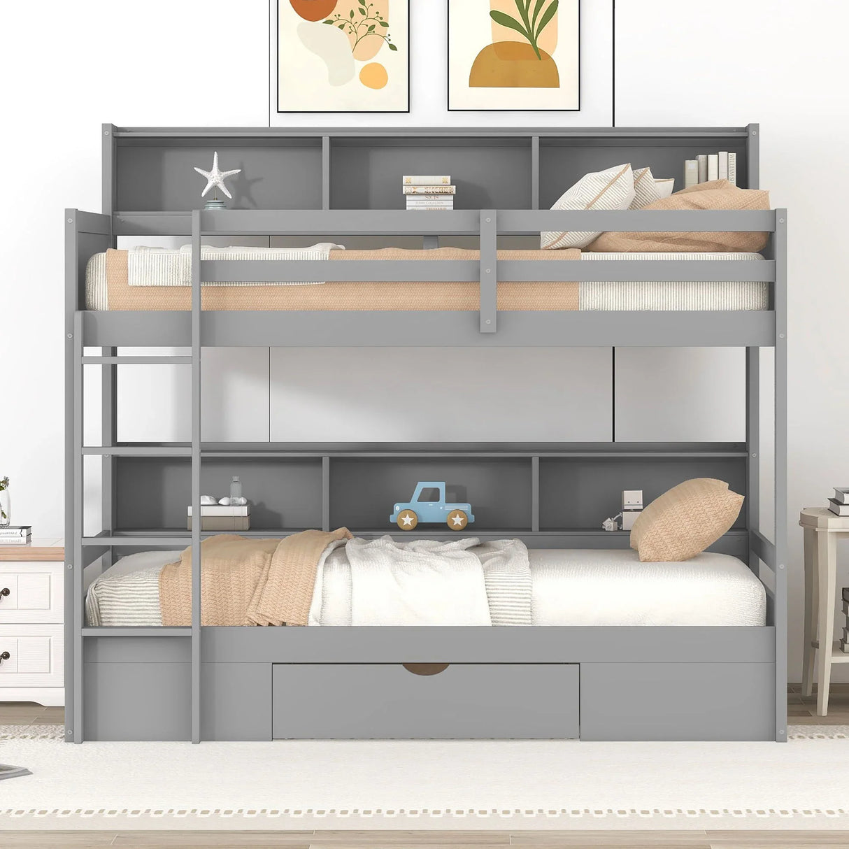 Twin Size Bunk Bed With Built-In Shelves Beside Both Upper And Down Bed And Storage Drawer - Furniture Home Direct
