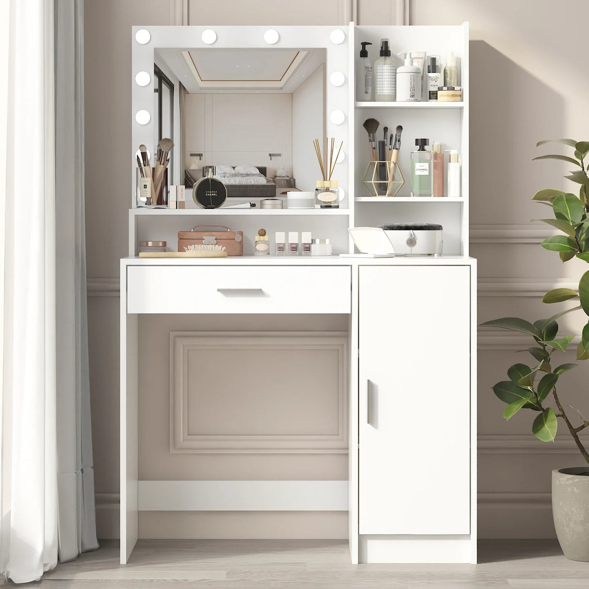 Vanity Desk With Mirror And LED Lighting For Bedroom White - Furniture Home Direct