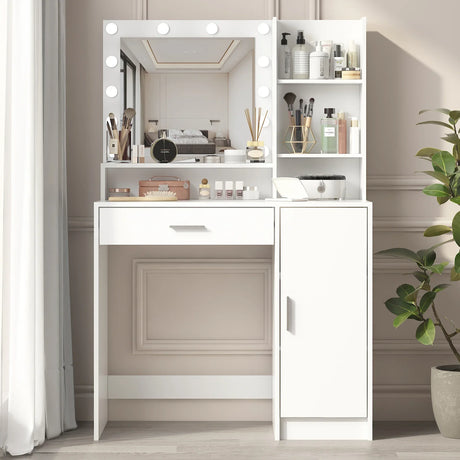 Vanity Desk With Mirror And LED Lighting For Bedroom White - Furniture Home Direct