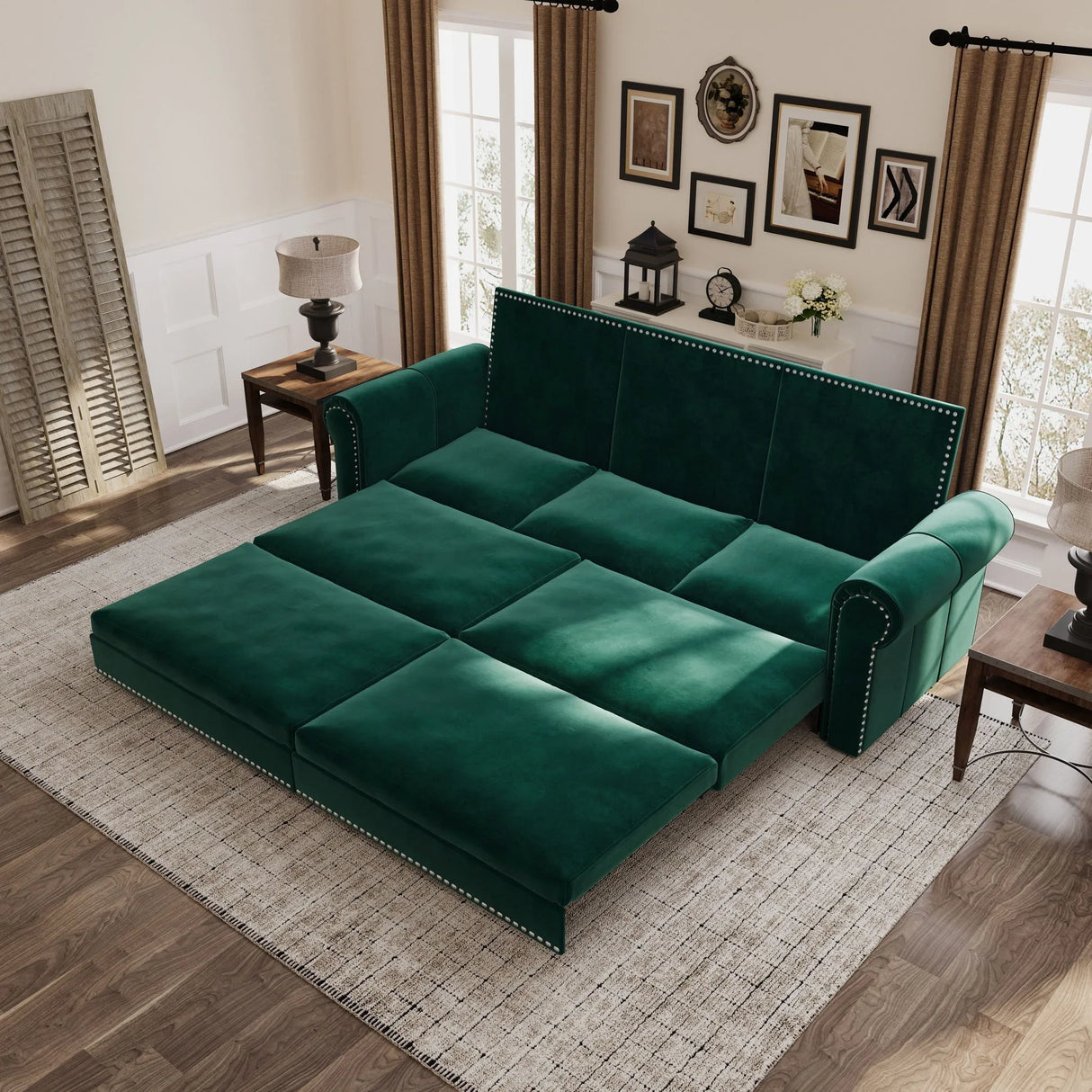 3 In 1 Convertible Sleeper Sofa With Nailhead Trim & Rolled Arm - Furniture Home Direct