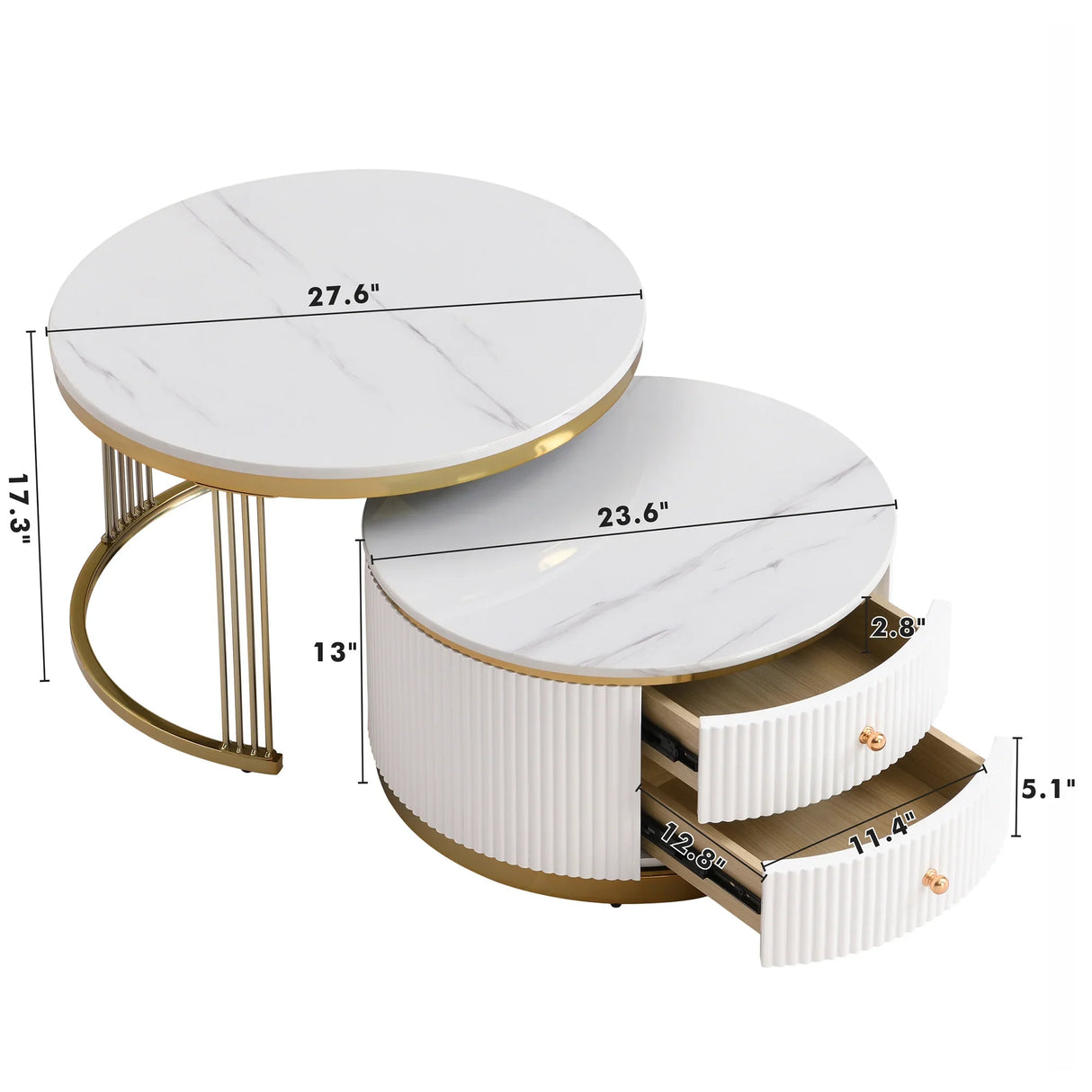 Nesting Coffee Tables With Drawers Round White And Gold - Furniture Home Direct