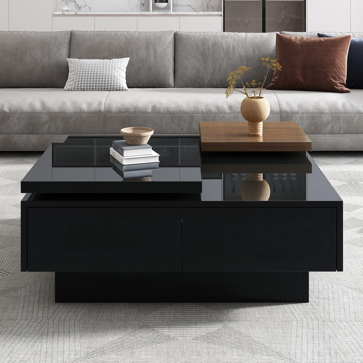 Movable Square Top Coffee Table With 4 Hidden Storage Drawers - Furniture Home Direct