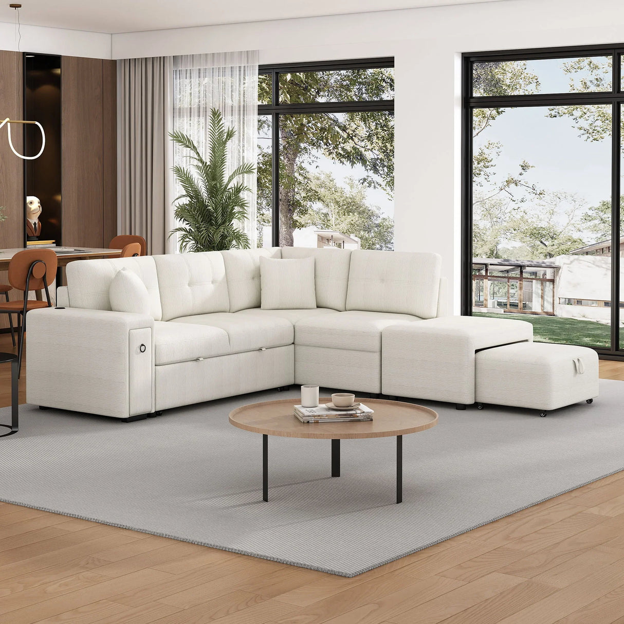 Sectional Sofa L-Shaped Sofa Couch Pull-Out Sofa Bed With A Movable Ottoman, Two USB Ports And Two Cup Holders For Living Room - Furniture Home Direct