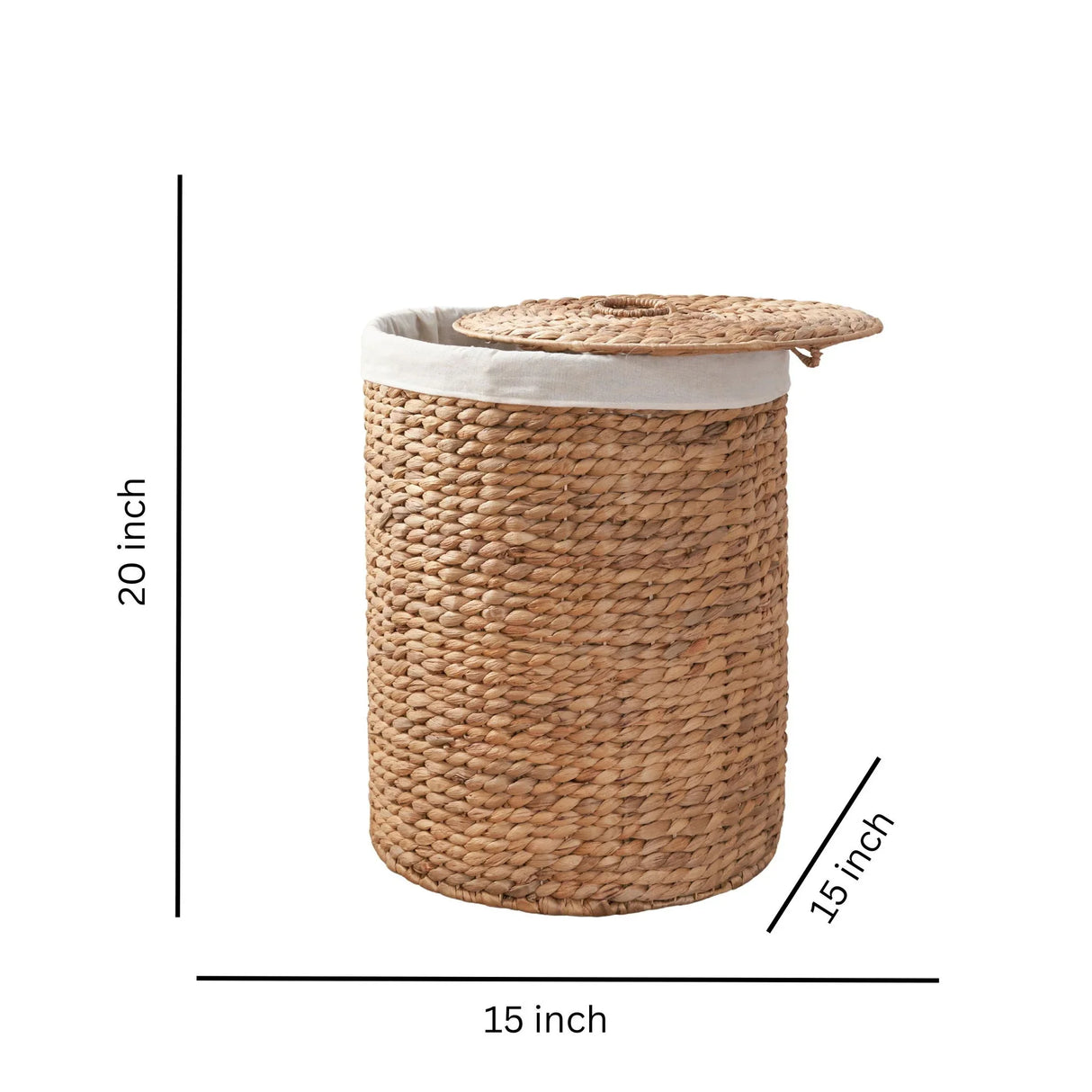 Round Tall Water Hyacinth Woven Wicker Laundry Hamper With Lid - For Clothes, Canvas, Toys And Book Storage With Removable Liner - 15" X 15" X 20" - Natural Brown - Furniture Home Direct