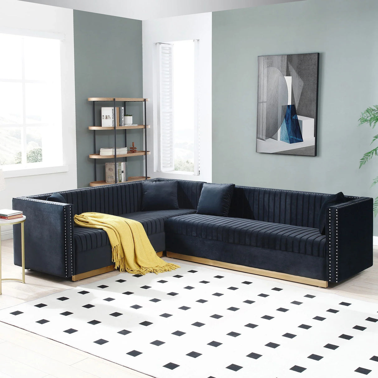 Contemporary Vertical Channel Tufted Velvet Sectional Sofa For Living Room With 4 Pillows - Furniture Home Direct