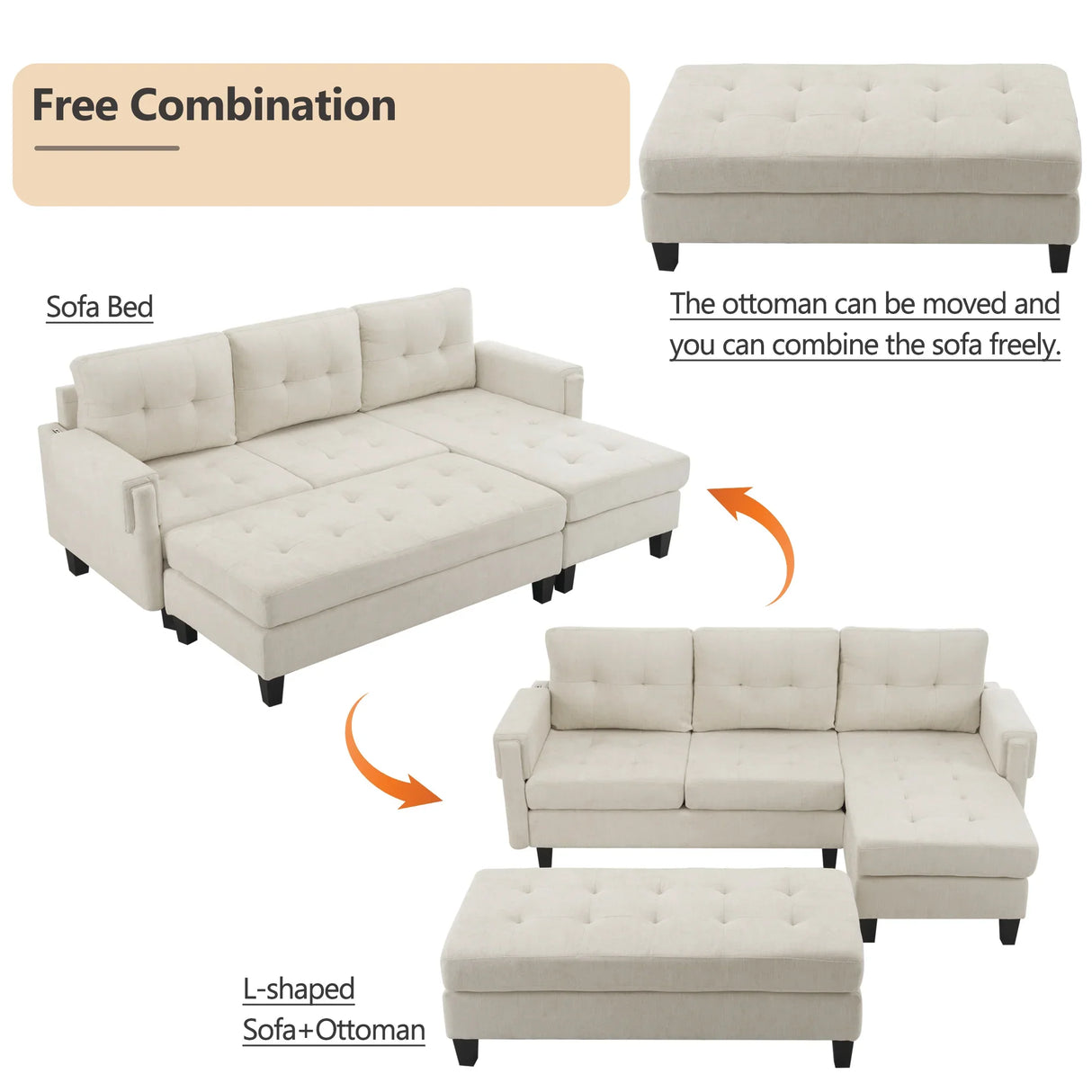 Sleeper Sectional Chenille L Shaped With Chaise Beige - Furniture Home Direct