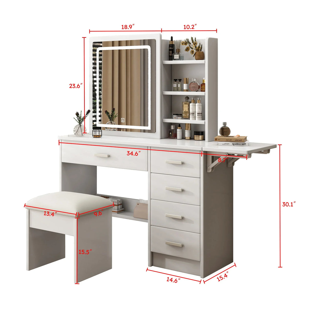 Fashion Vanity Desk With Mirror And Lights For Makeup, 5 Drawers, Adjustable Lighting - White - Furniture Home Direct