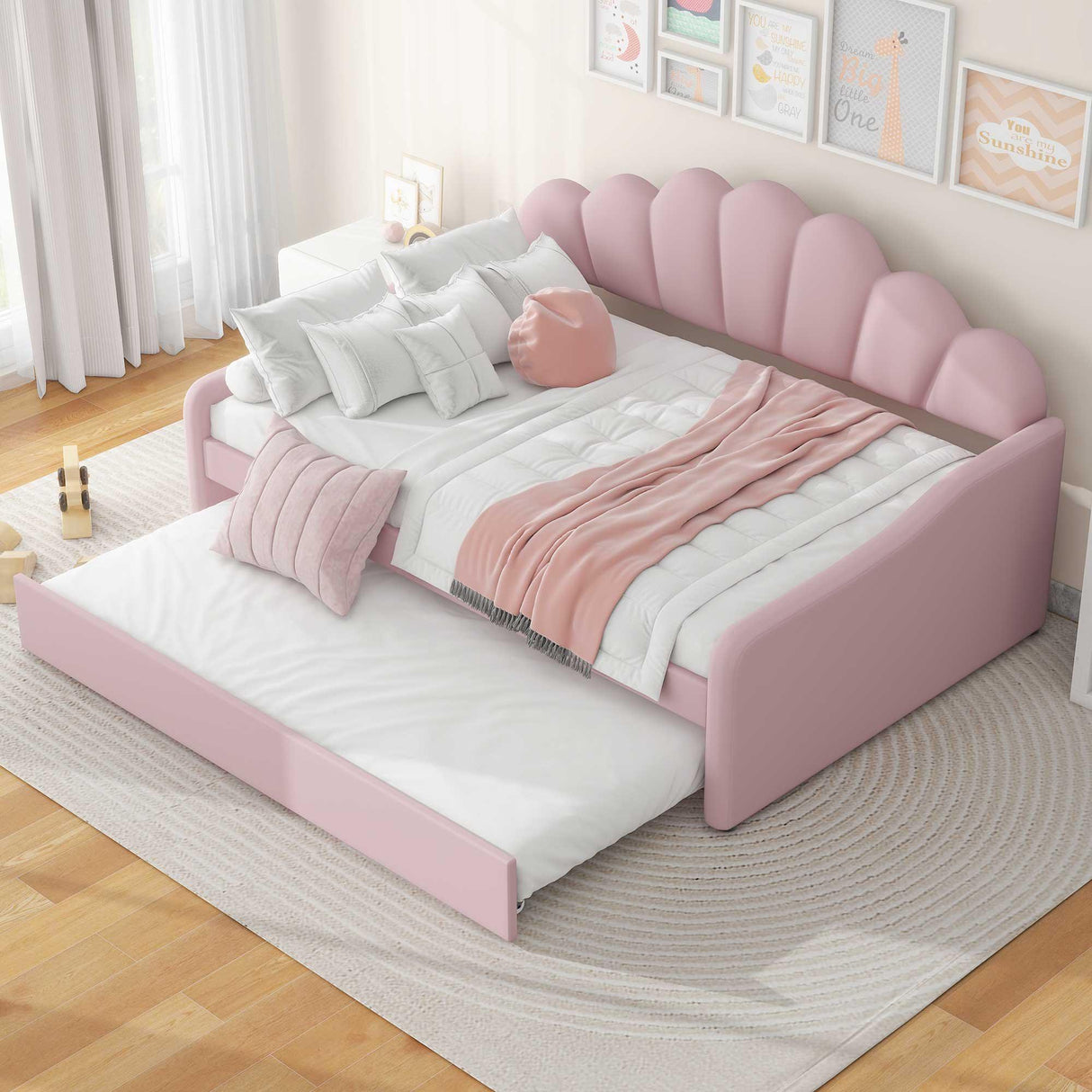 Upholstery Daybed Frame With Shell Shaped Backrest And Trundle - Furniture Home Direct