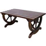 Rustic Wooden Bench With Wagon Wheel Legs For Garden And Patio - Brown - Furniture Home Direct