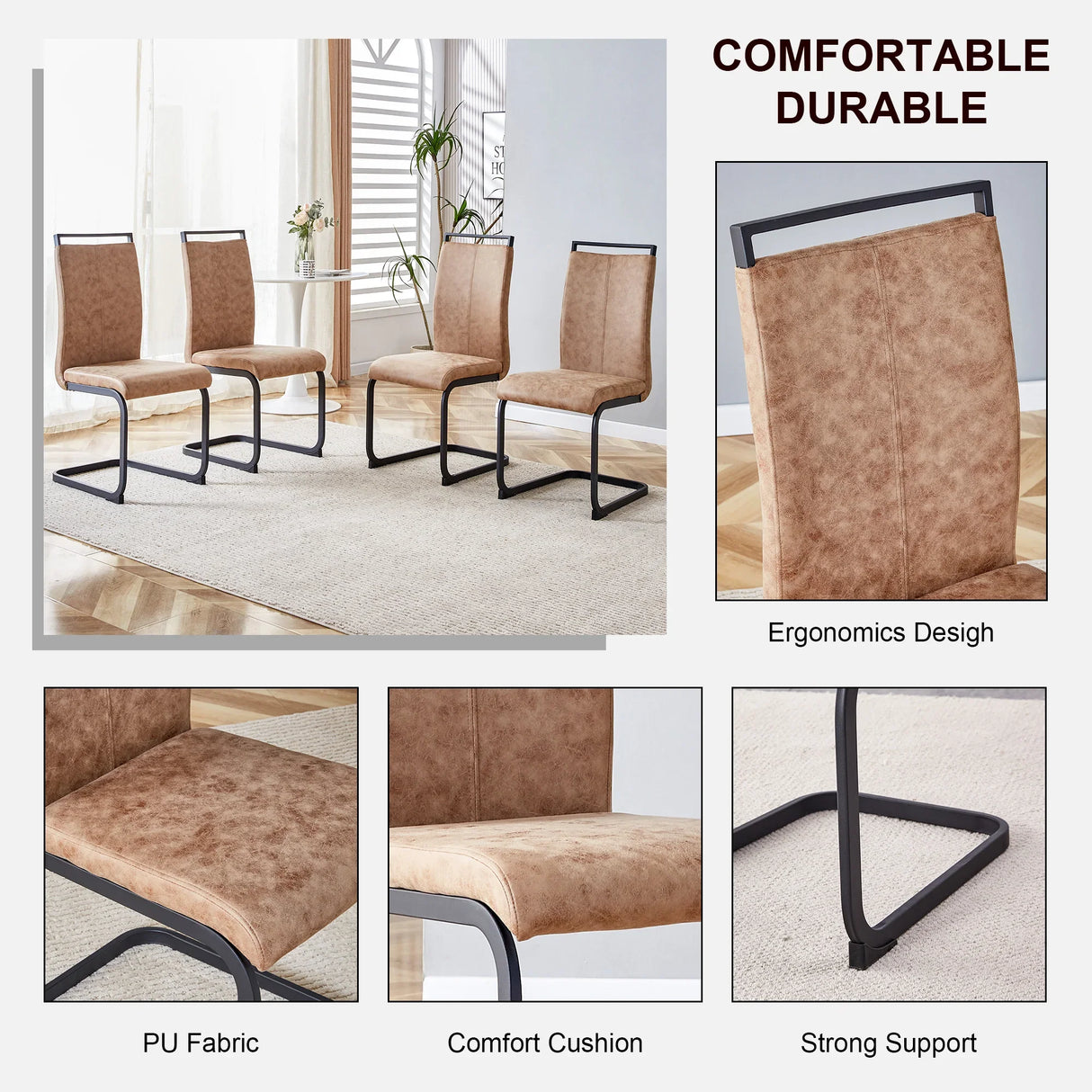 Dining Chairs Upholstered Modern Cantilever Steel Brown - Furniture Home Direct