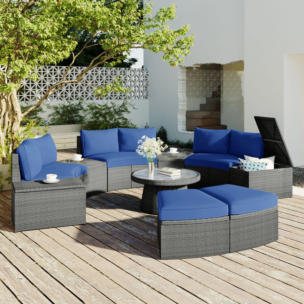 10 Piece Outdoor Sectional Half Round Patio Rattan Sofa Set - Furniture Home Direct