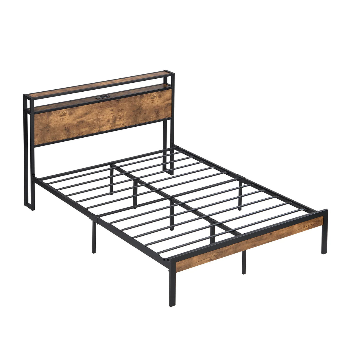 Metal Platform Bed Frame With Wooden Headboard And Footboard With USB Liner, No Box Spring Needed, Under Bed Storage - Furniture Home Direct