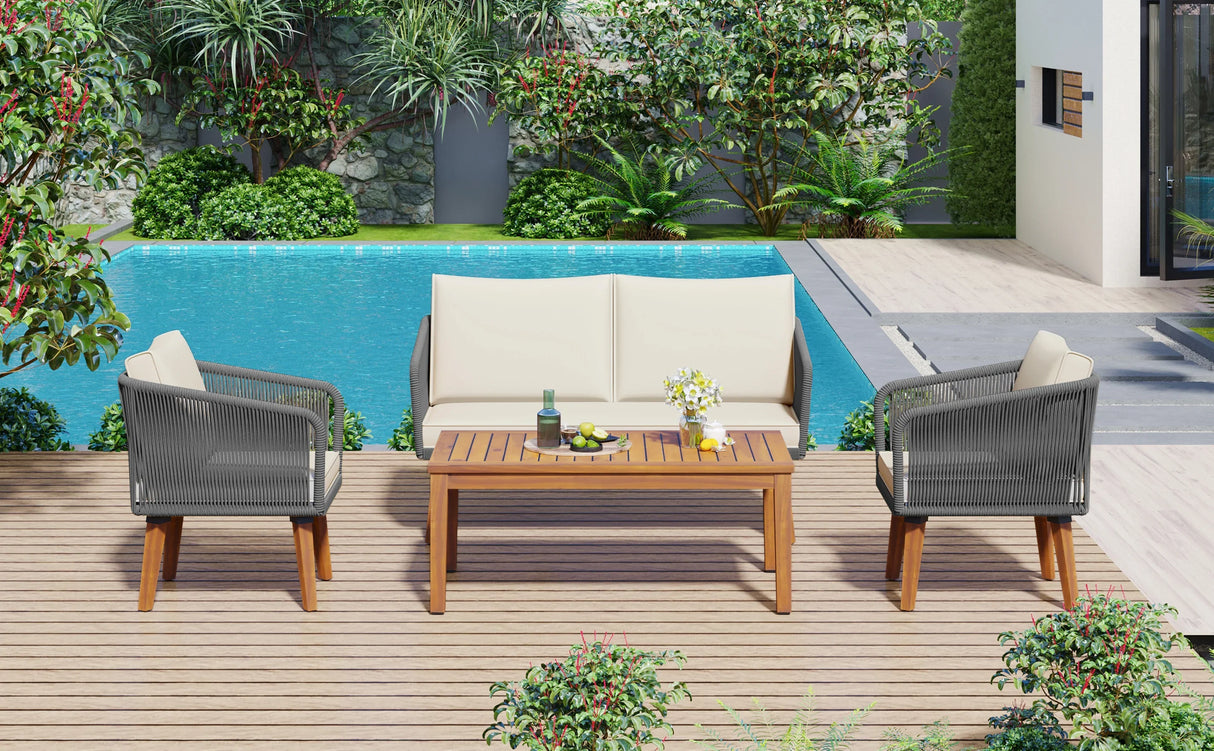 4-Piece Patio Conversation Set with Loveseat, 2 Chairs, Coffee Table + Cushions - Gray - Furniture Home Direct