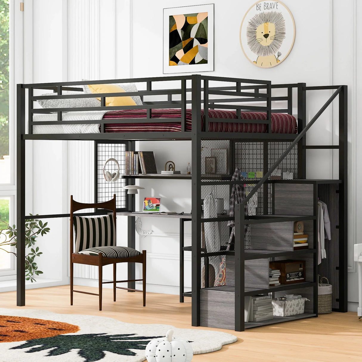 Metal Loft Bed With Wardrobe, Desk, Storage Shelves - Furniture Home Direct