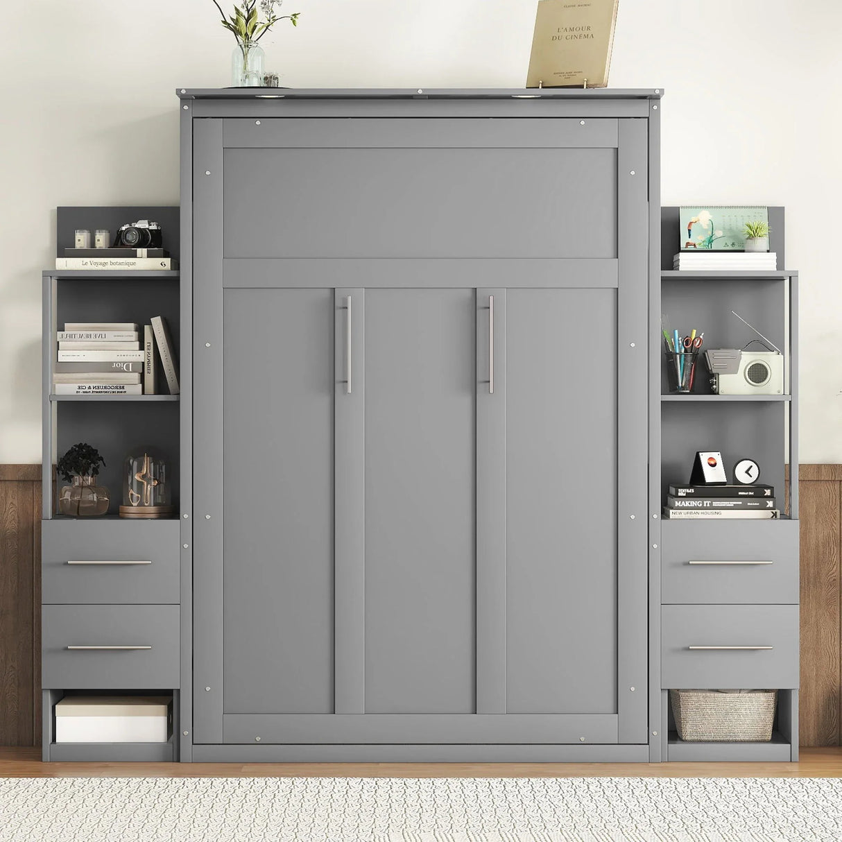 Murphy Wall Bed With Shelves, Drawers And LED Lights - Furniture Home Direct