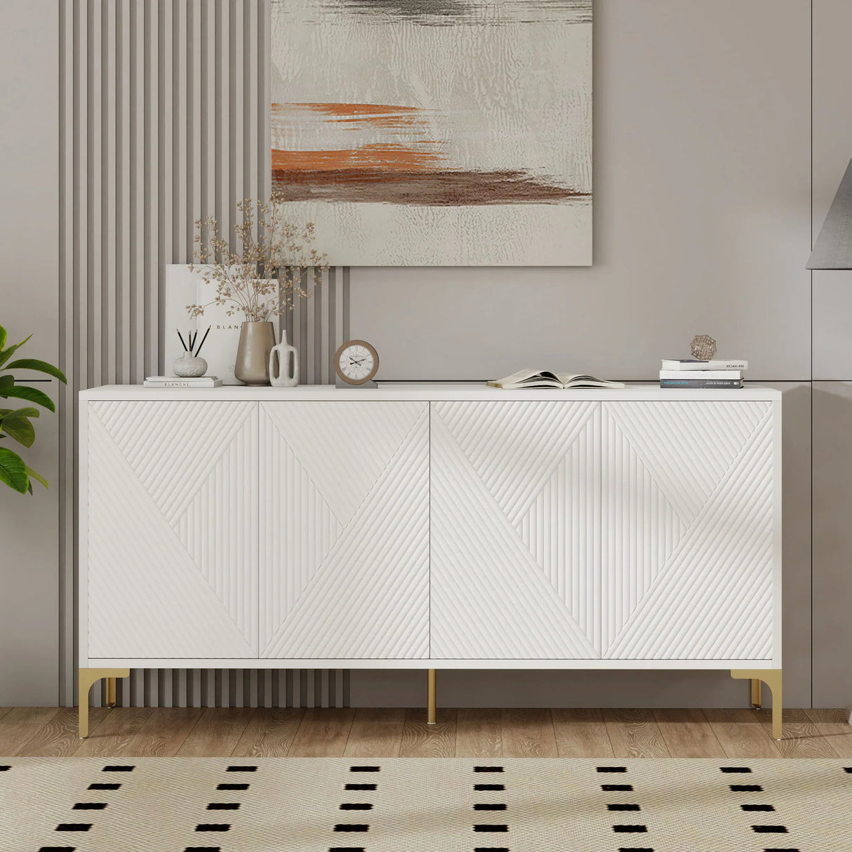Modern Wood Sideboard Cabinet With Carved Door Panels, Adjustable Shelves, And Sturdy Metal Legs - Furniture Home Direct