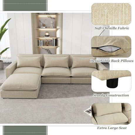 Cloud Sectional with Ottoman, Charging Ports and Three Back Pillows - Beige - Furniture Home Direct