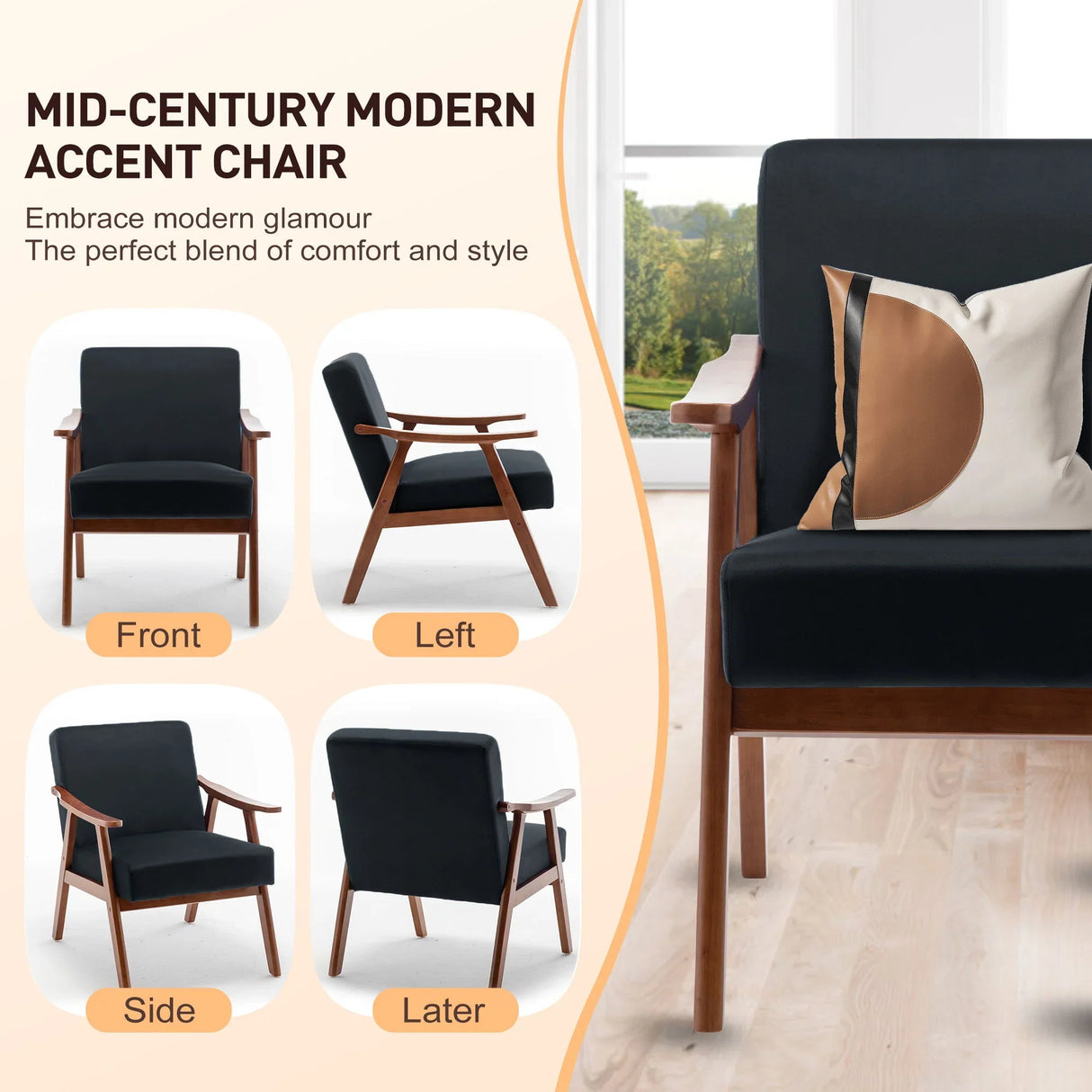 Mid Century Modern Accent Chair With Solid Wood Frame And Extra Thick Backrest - Furniture Home Direct
