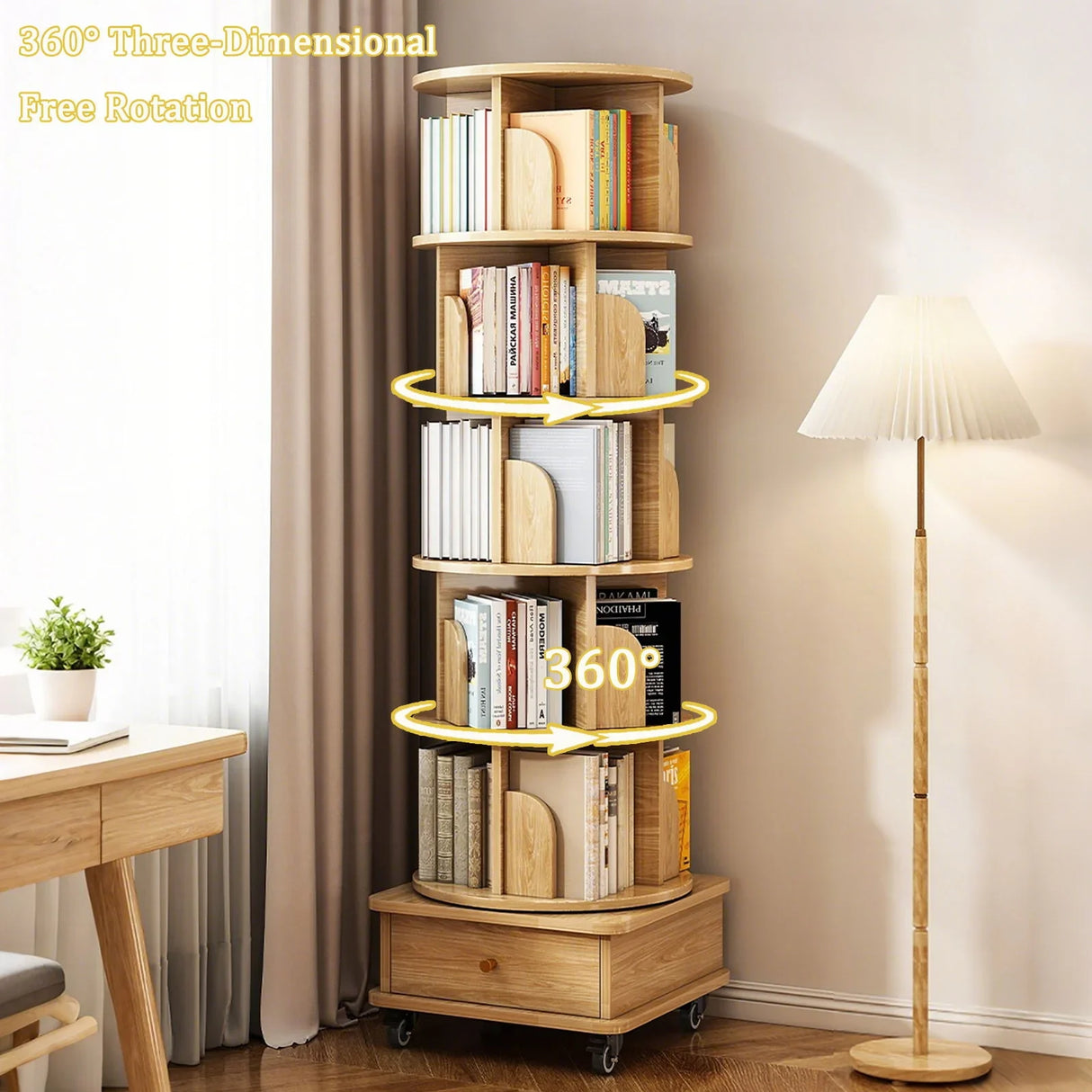 Rotating Bookshelf With Wheels And Drawer, 360° Spinning Design, Space Saving Storage - Furniture Home Direct