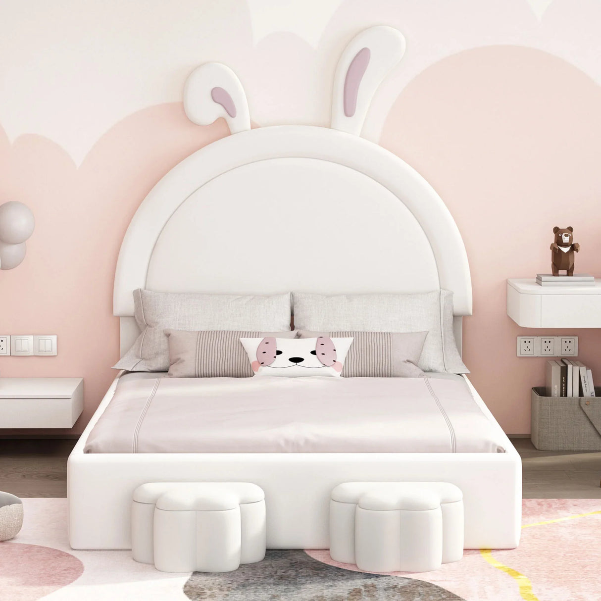 Rabbit-Shaped Bed for Kids Upholstered Full-Size White - Furniture Home Direct