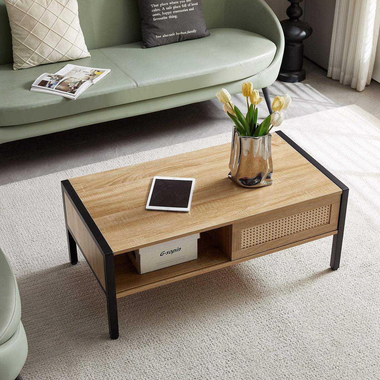 40.16" Rattan Coffee Table, Sliding Door For Storage, Metal Legs, Modern Table For Living Room - Furniture Home Direct