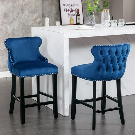 Contemporary Velvet Upholstered Wing-Back Barstools With Button Tufted Decoration And Wooden Legs, And Chrome Nailhead Trim, Leisure Style Bar Chairs, Bar Stools (Set of 2) - Furniture Home Direct
