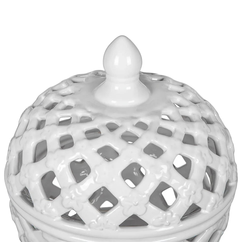 Ceramic Lidded Jar With Lattice Design - White - Furniture Home Direct