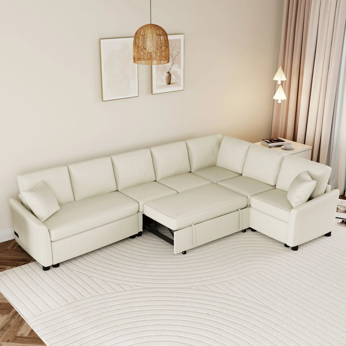 L-Shaped Sofa Convertible Sofa Bed Pull Out Sofa Sleeper With Two Back Pillows, Two USB Ports And Two Power Sockets For Living Room - Furniture Home Direct