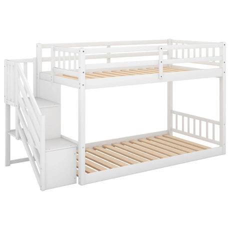 Twin Over Twin Floor Bunk Bed, Ladder With Storage - Furniture Home Direct