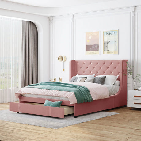 Storage Bed Velvet Upholstered Platform Bed With Wingback Headboard And A Big Drawer - Furniture Home Direct