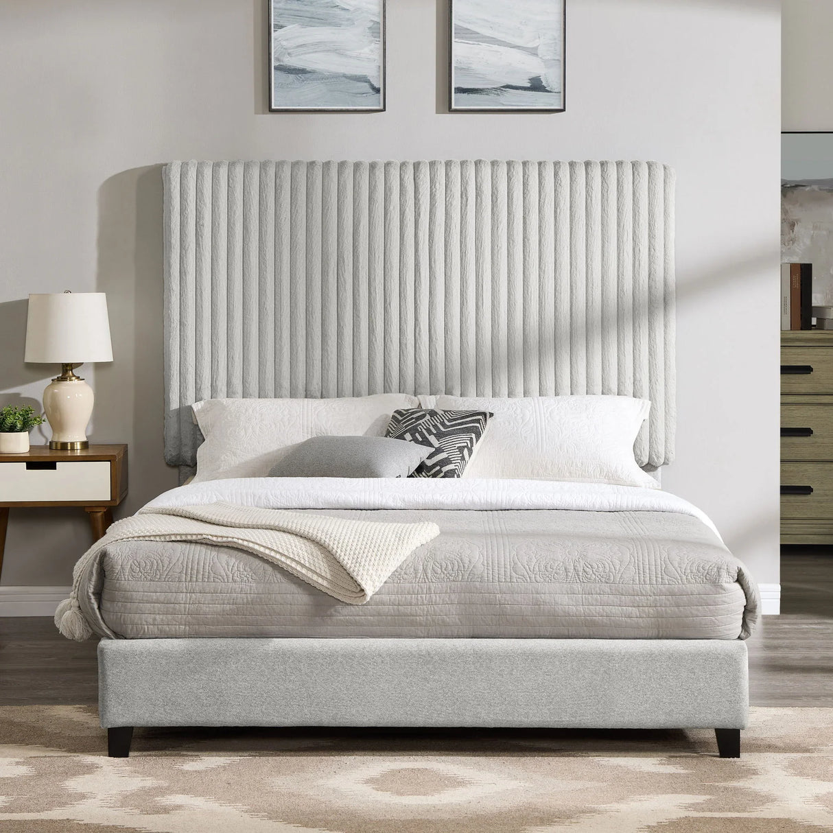 Queen Size Minky Stone Upholstered Platform Bed - Furniture Home Direct