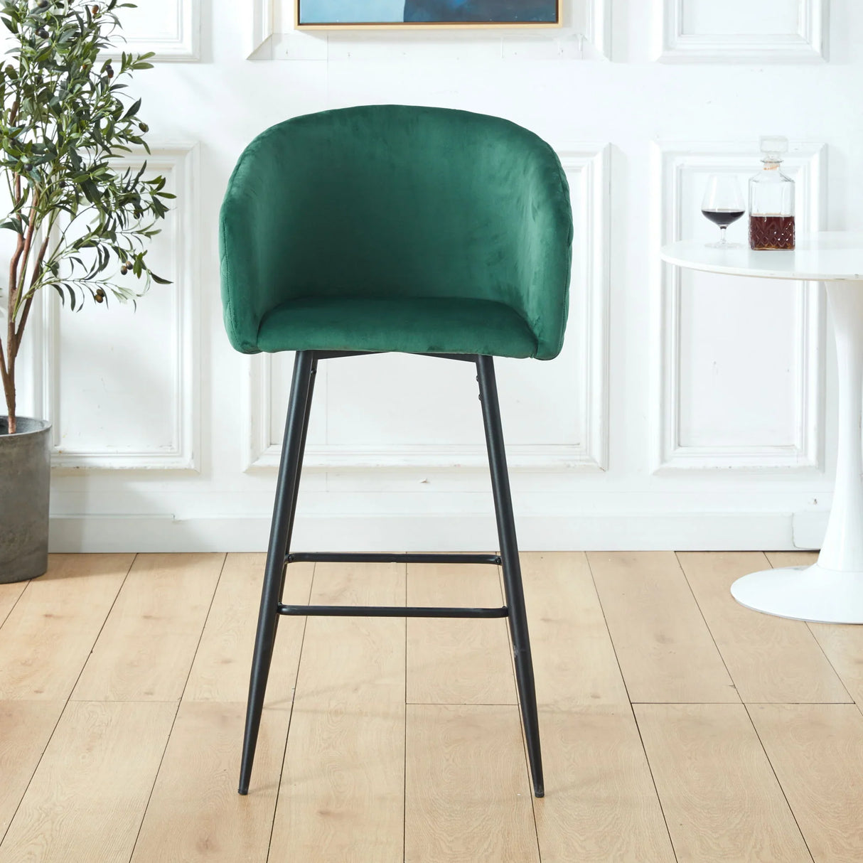 Counter Height Bar Stool, Metal Legs, Velvet Upholstered For Pub, Restaurant, Kitchen Island (Set of 2) - Black / Green - Furniture Home Direct