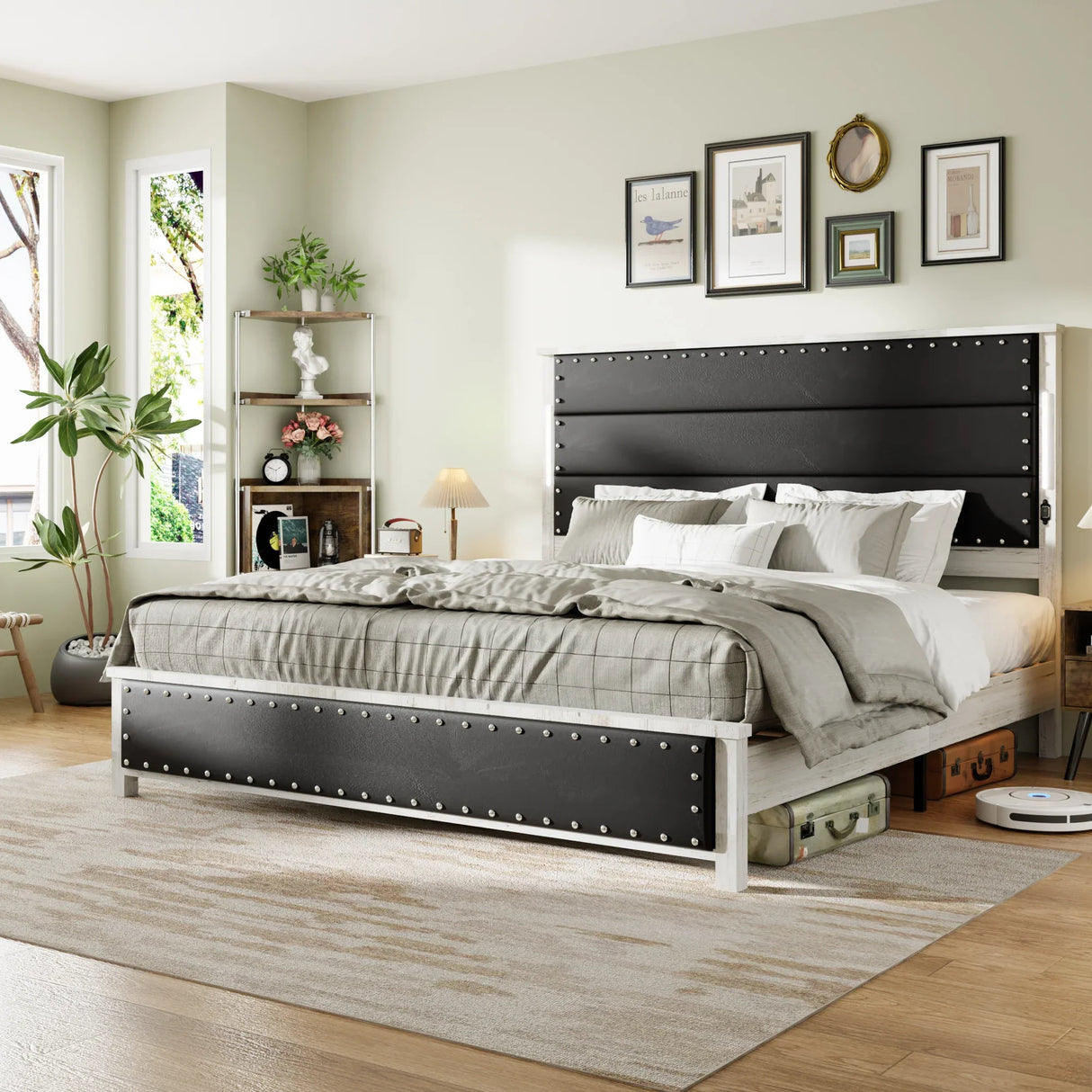 King Platform Bed With Upholstered Headboard Dark Gray - Furniture Home Direct