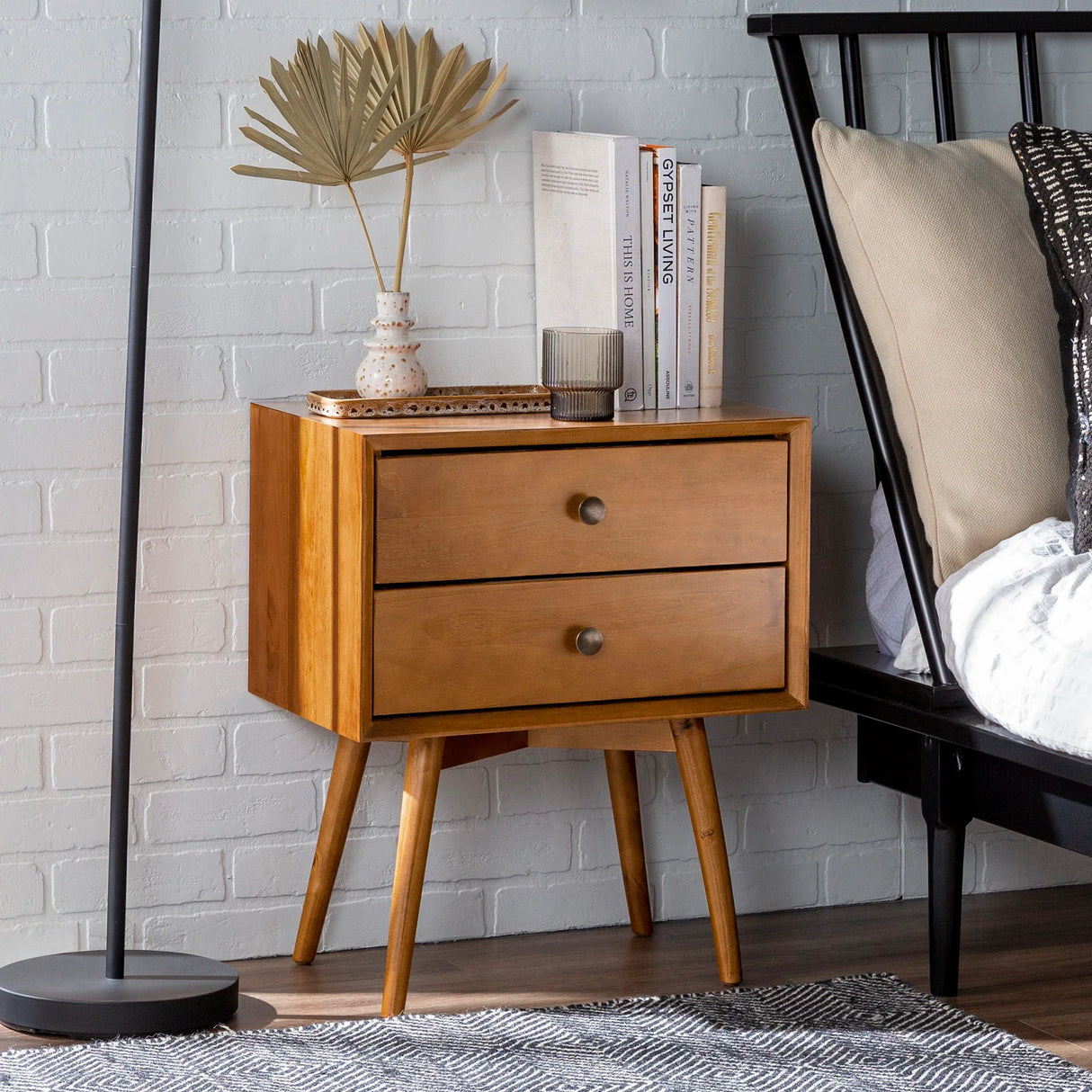 Mid Century Modern Double Drawer Nightstand - Caramel - Furniture Home Direct