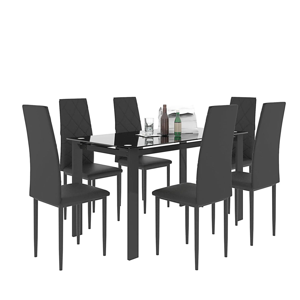 Modern 7 Piece Dining Table Set With Glass Top And Chairs - Black - Furniture Home Direct