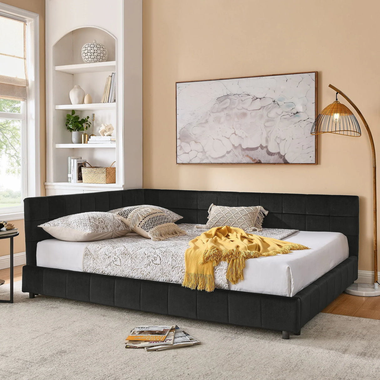 Mid-Century Storage Upholstered Tufted Bed Frame With Backrest And Armrests - Furniture Home Direct